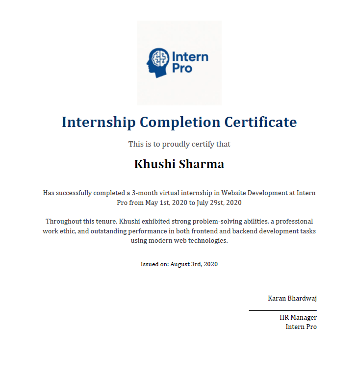 Professional internship completion certificate with gold seal
